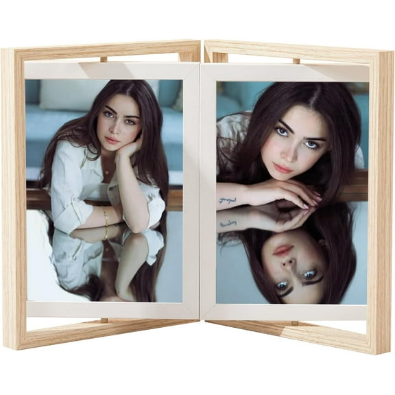 5x7 Photo Frame, Wooden Bifold Swivel Photo Frame, Desktop Vertical Picture Frame, HD Glass, Holds 4 Photos Simultaneously, for Table Decoration (Natural wood color, 5X7in)
