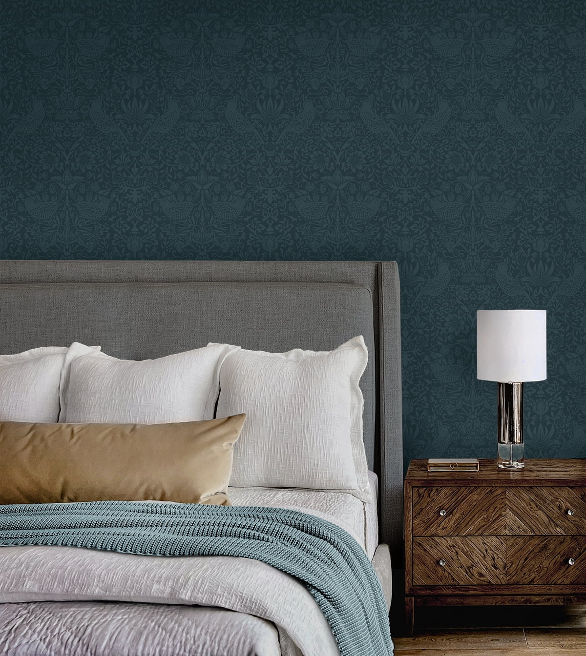 NextWall Slate Blue Tonal Bird Garden Peel and Stick Wallpaper - 20.9 in. W x 18 ft. L Roll
