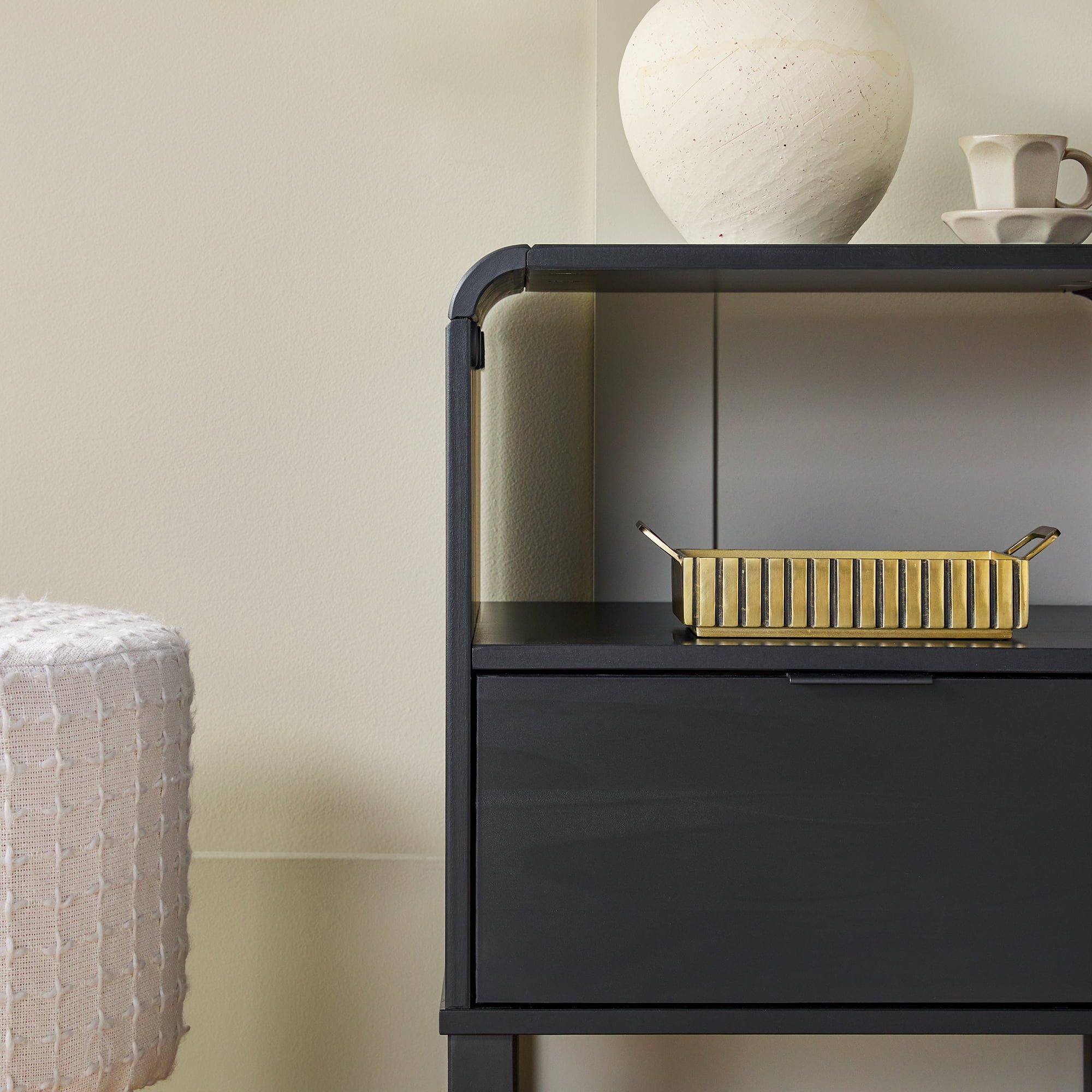 Walker Edison Modern Curved-Frame Solid Wood Nightstand, 2 Pack, Black