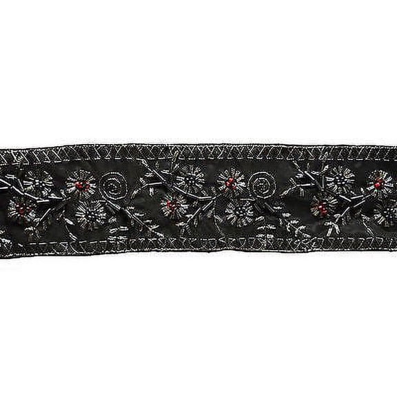 Lily 2" Antique Silver Embroidered Red Glass Beads Black Lace Trim by Yardage