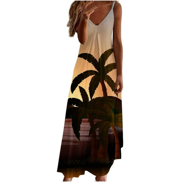 Hawaiian Dresses for Women Summer Beach Tropical Print Sleeveless V ...