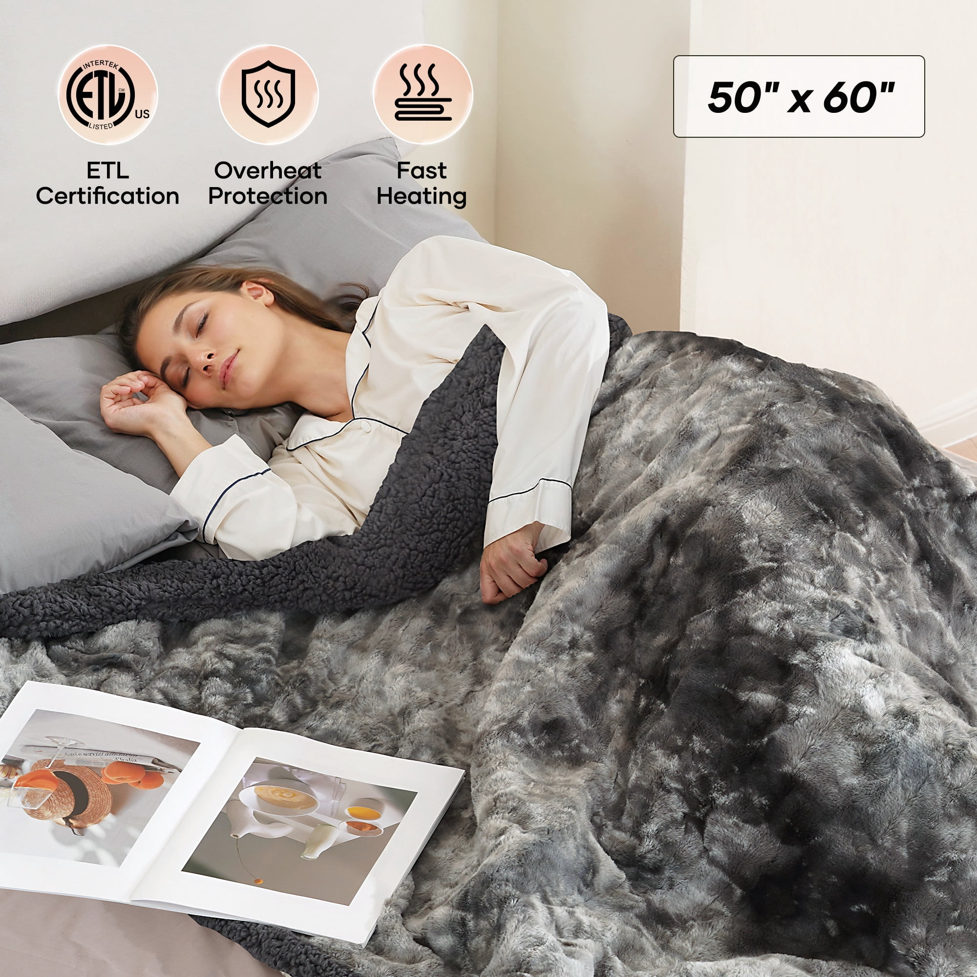 MARNUR Heated Blanket Electric Throw 50" x 60", Soft Faux Fur & Shu Velvet Heated Throw Blanket, 6 Heating Levels, 4 Hours Timer, Tie-Dye Off Gray