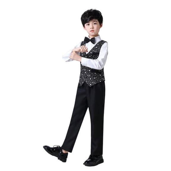 JAJAHO Boys Suit Shiny Dress Outfit Formal Gentleman Clothes Set Dress Collared Shirt Sequins Waistcoat Suit Pants Bowtie 4PCS Set For 3-16 Years