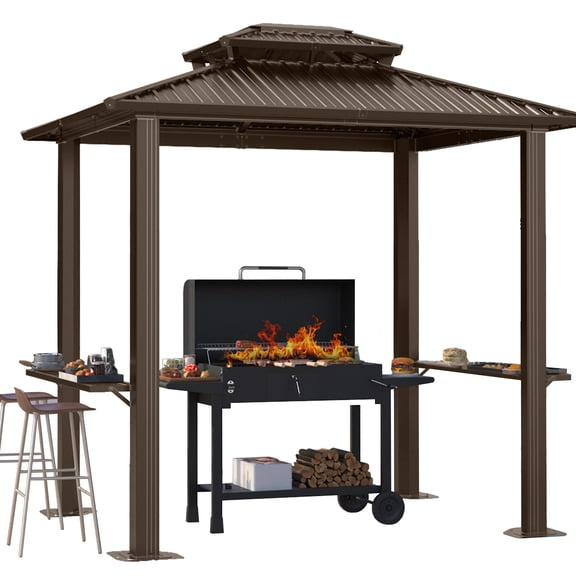 COBIZI 6’x 8’ Hardtop Aluminum Grill Gazebo with Double Roof, Outdoor BBQ Gazebo Canopy with 2 Side Shelves, Galvanized Steel Roof for Enhanced Patio, Lawn, Backyard BBQ Experience, Brown