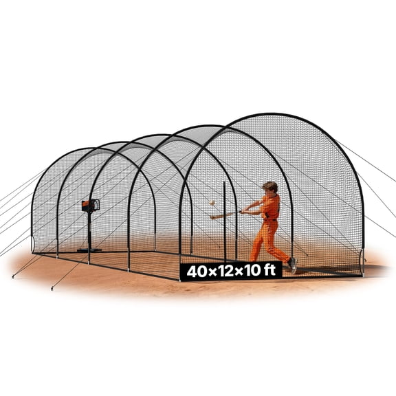 VEVOR Baseball Batting Cage, 40.0 x 12.1 x 10.0 FT Freestanding Portable Batting Cage,Hitting Cages with 4-Ply Knotless Polyester & Pitching Machine Opening, Battings Cages Netting for Indoor Outdoor