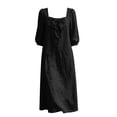 thumbnail image 3 of Ohufall Cotton Linen Dress for Women Bow Square Neck Maxi Dress 3/4 Sleeve Loose Solid Color Dresses, 3 of 8