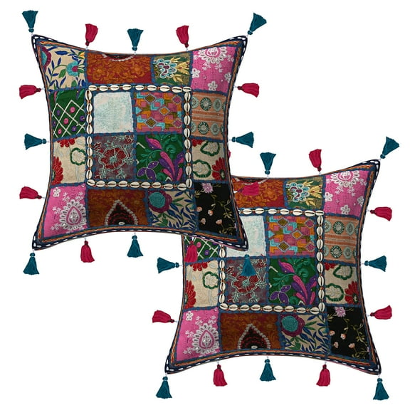 Stylo Culture Ethnic Chair Seat Throw Pillow Covers Patchwork 16x16 Embroidered Cowrie Dark Blue Boho Hippy 40cm x 40cm Bedroom Cotton Sea Shell Tassels Square Cushion Covers | Set Of 2