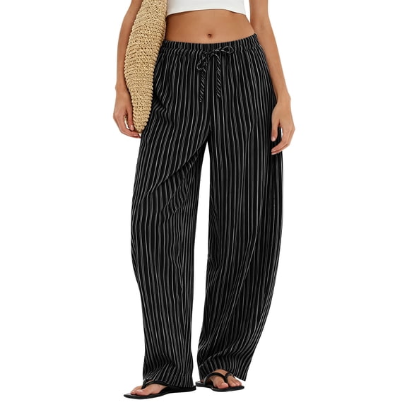 Domzest Striped Pants for Women Drawstring Elastic High Waist Wide Leg Linen Blend Trousers Casual Comfy Palazzo Pants with Pockets Black XL