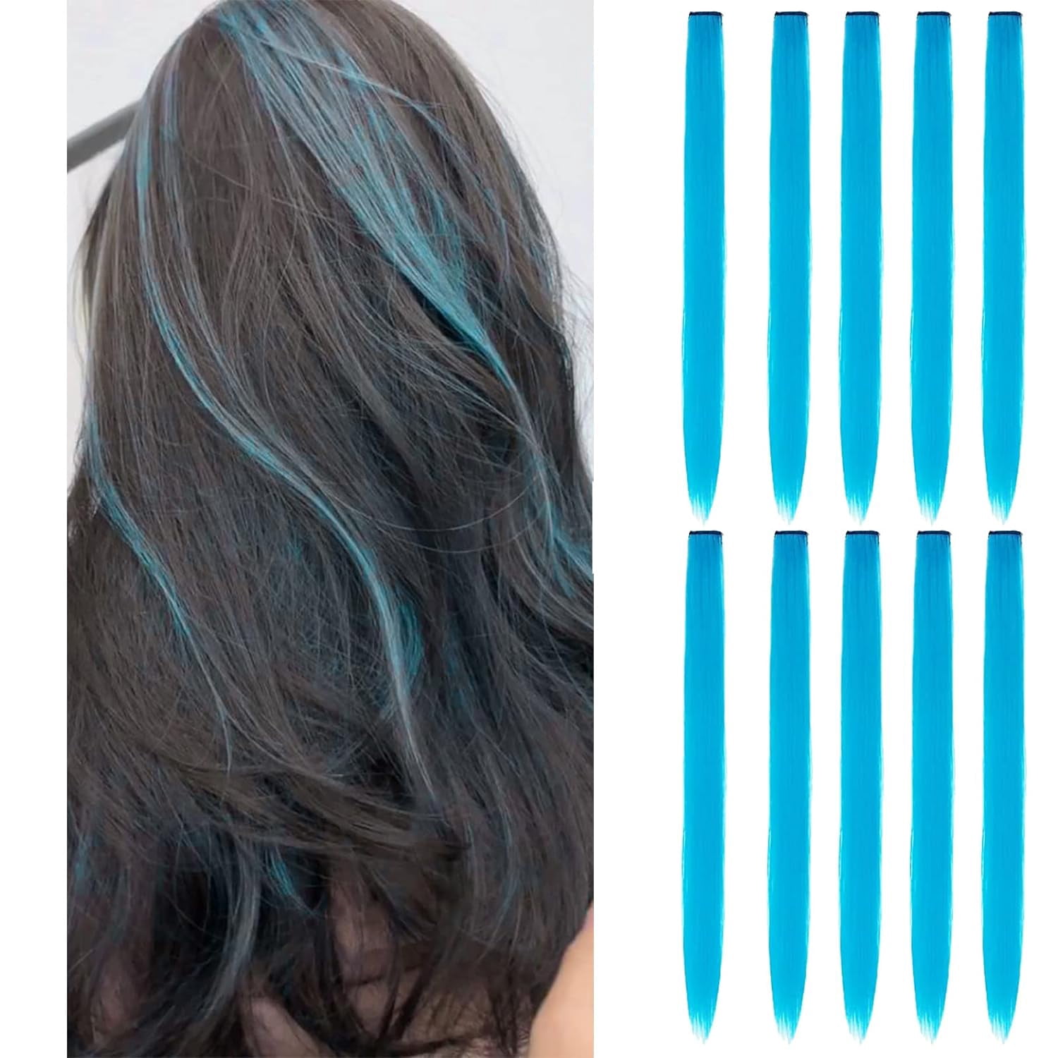 Hair Extension Clips 10pcs in Sky Blue 20 Inch Straight Hair Synthetic Fiber Hairpieces for Party