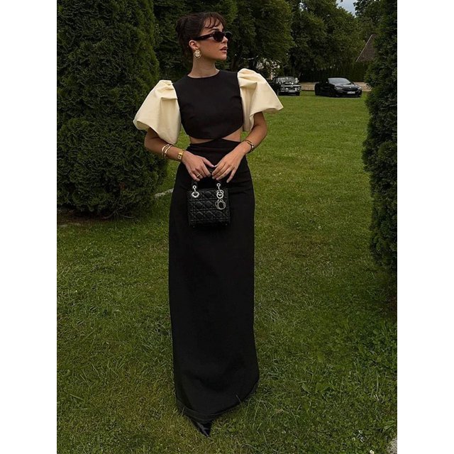 Vestido largo elegante de colores contrastantes con agujeros, vestido elegante con cuello redondo y manga corta abombada, batas ajustadas de cintura alta, vestido de fiesta de verano para mujer