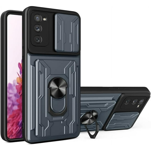 Case for Samsung Galaxy S20 FE with Card Holder, Heavy Duty Protection Phone Case with Magnetic Ring Kickstand Slide Camera Cover for Samsung Galaxy S20 FE LJK Gray