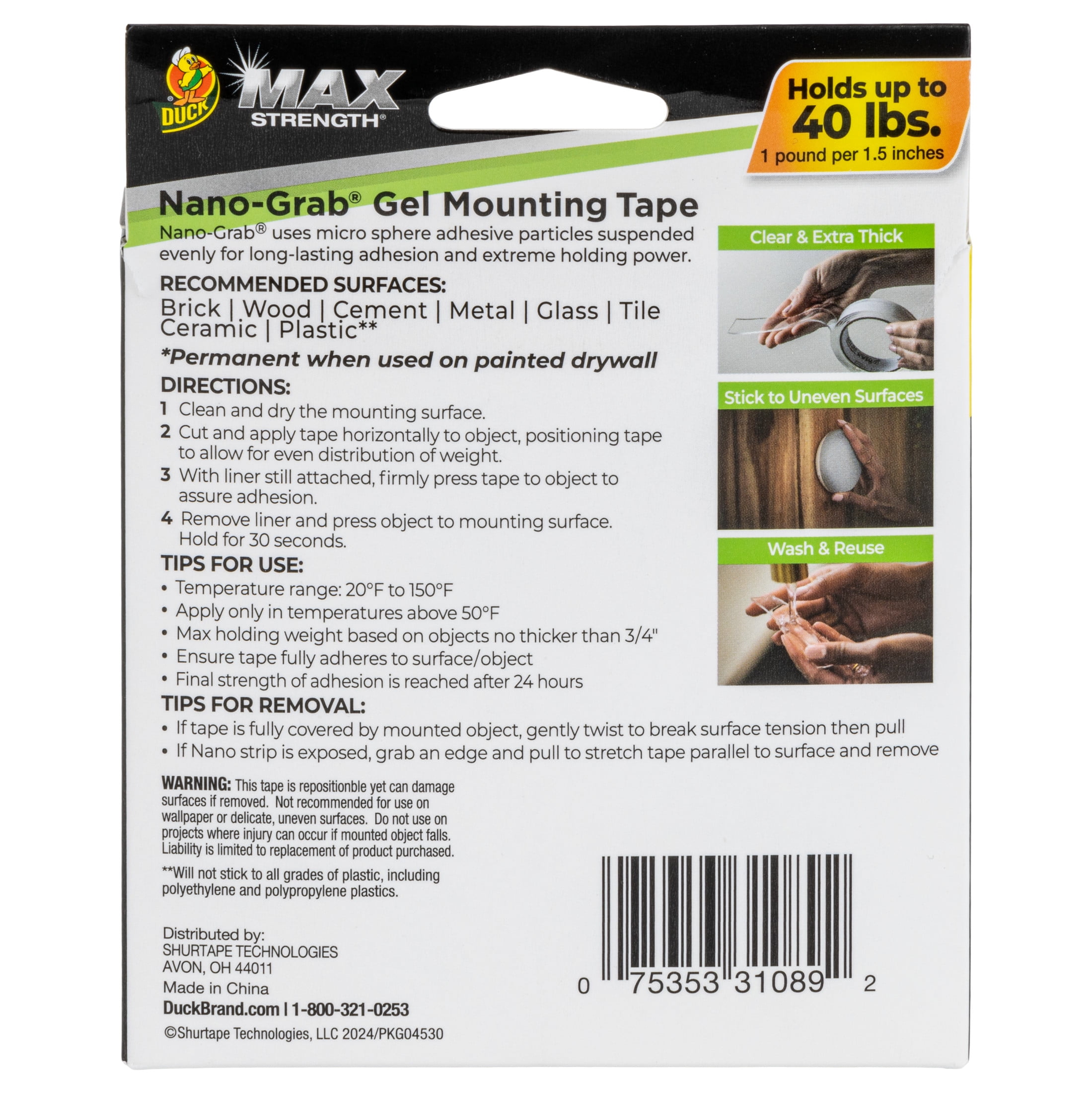 Duck Max Strength Nano-Grab Gel Tape, 1 Pack, 2 in. x 5 ft.