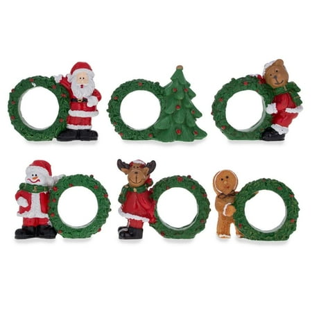 Santa Napkin Ring - Set of 6 Santa, Snowman, Reindeer Christmas Wreath Napkin Rings 2.5 Inches