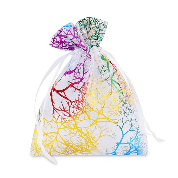 Paquete de 100 malla de patrón de coral cordón organdas bolsas de regalo de organza de fiesta de fiesta para bodas Favorable Favor de Bolsas de joyería Suministros Blanco Inevent HA010041-02