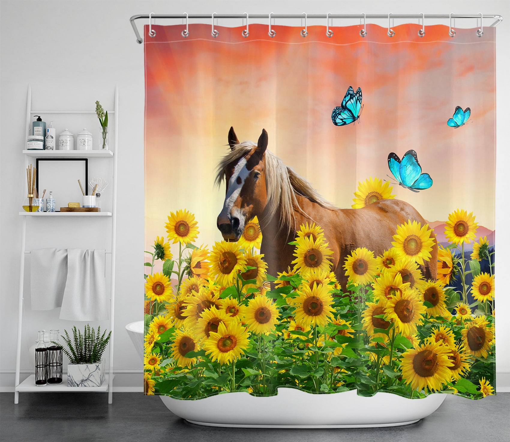 HVEST Horse Shower Curtain Sunflower and Butterfly Bathroom Shower