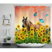 HVEST Horse Shower Curtain Sunflower and Butterfly Bathroom Shower Curtain with Hooks Rural Polyester Waterproof Fabric Bath Decor Accessories,72x78 Inches