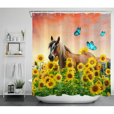 HVEST Horse Shower Curtain Sunflower and Butterfly Bathroom Shower Curtain with Hooks Rural Polyester Waterproof Fabric Bath Decor Accessories,72x78 Inches