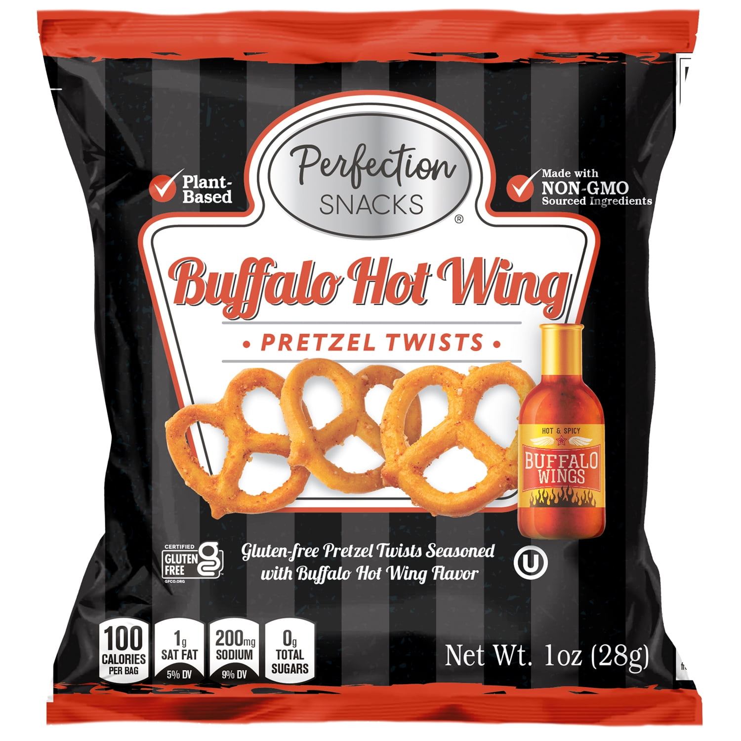 Perfection Snacks Buffalo Hot Wing Pretzel Twists, Gluten Free, Vegan,  1oz Bag (20 Pack)