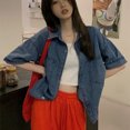 thumbnail image 3 of Camisas vaqueras coreanas de manga corta Rimocy para mujer, verano 2023, con bolsillos, chaqueta de un solo pecho, blusa vaquera azul informal para mujer, 3 of 5