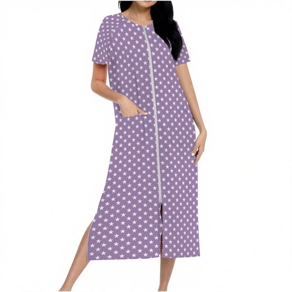 Fewfanhot Women's Long Robe with Zipper, Knit Cardigan Housecoat, Soft Bathrobe with Pockets, Cozy Full-Length Loungewear Dress
