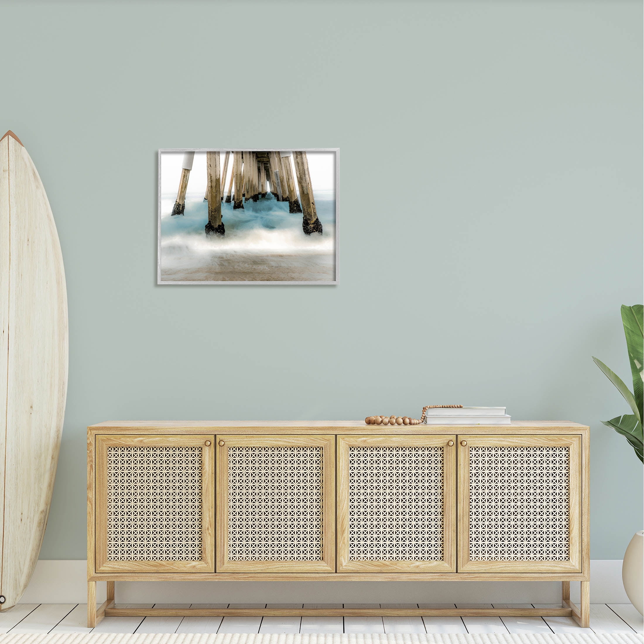 Waterfront Pier Splashing Sea Waves Coastal Graphic Art Gray Framed Art Print Wall Art