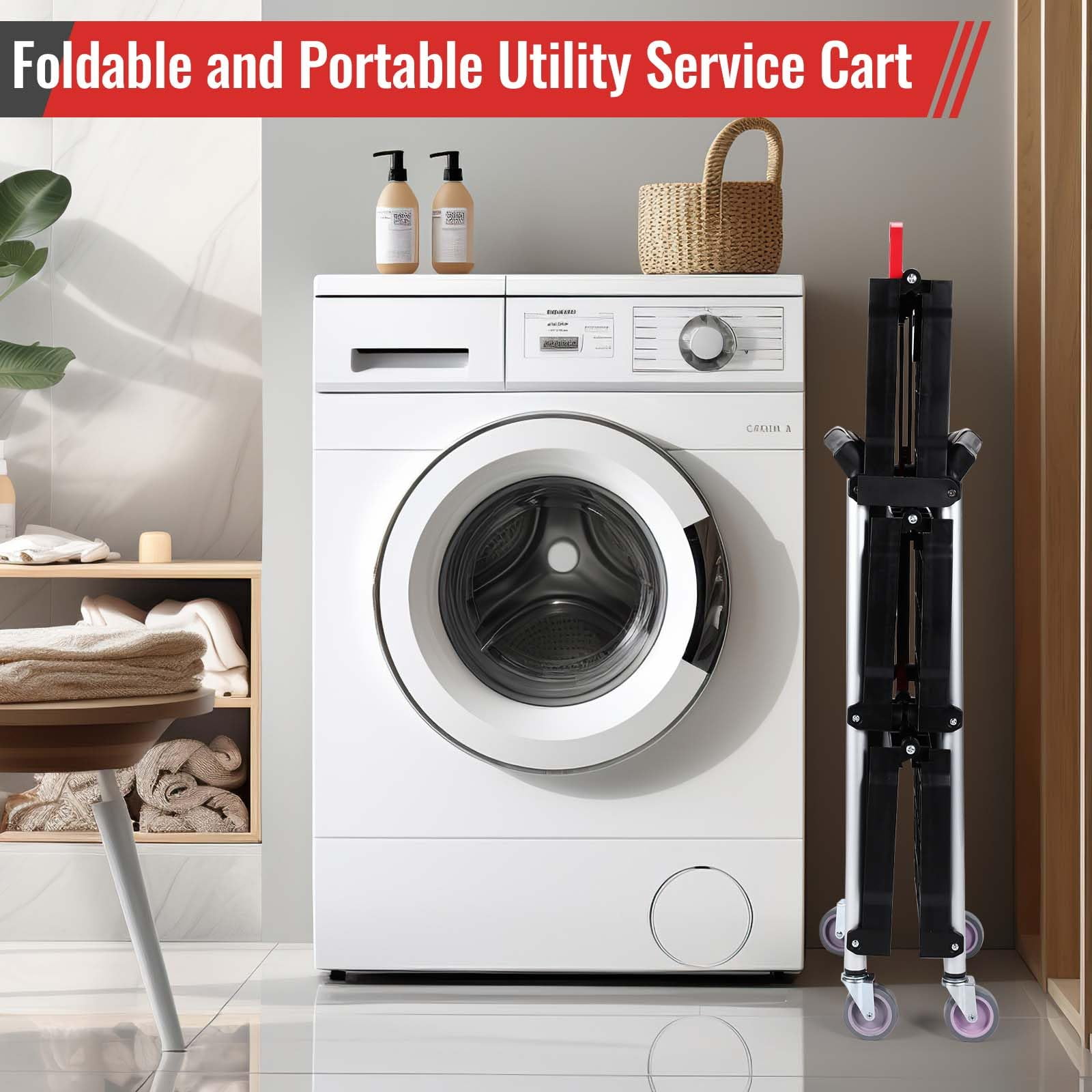 Folding Service Cart Heavy Duty 176 LBS w/ 360° Swivel Wheels Ergonomic Red Handle Foldable Utility Cart for Office Garage Home Kitchen Storage Collapsible Tool Cart