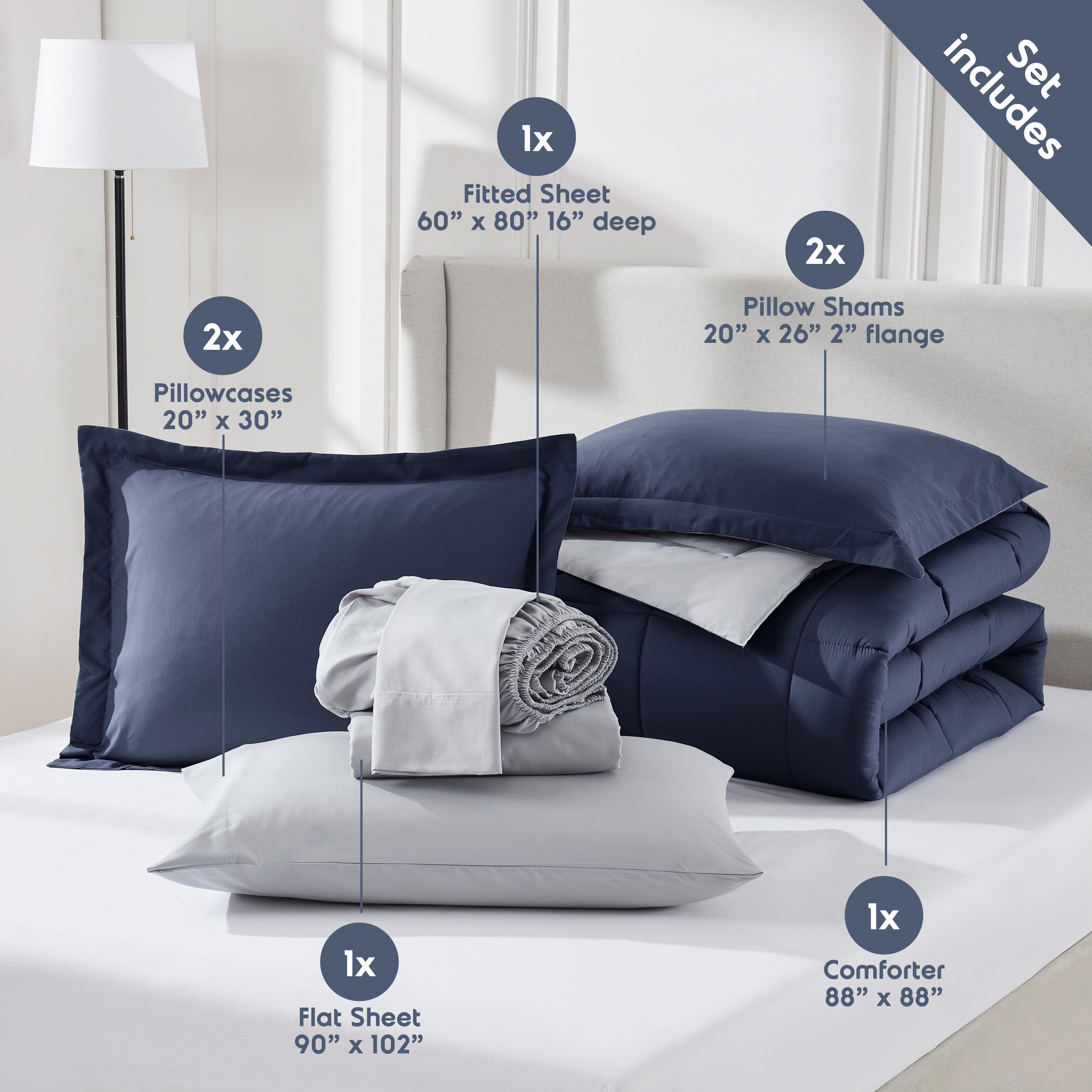 LammaLoe Twin XL Comforter Set, With Sheets, Reversible Bed In A Bag 5 Piece, Bedding Set, Navy