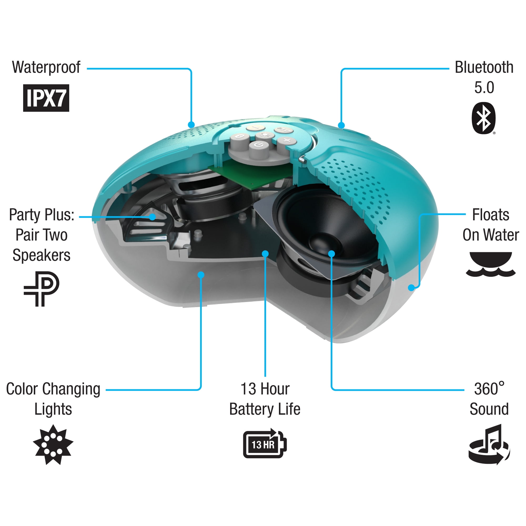 iLive IBW322BU Waterproof Floating Bluetooth Portable Speaker with LED Lighting, Blue