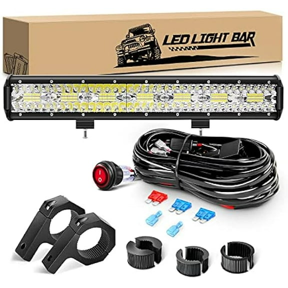 Waywe 20inch 420W Triple Row Led Light Bar Spot Flood Combo Driving Lighting Mounting Bracket Horizontal Bar Tube Working Light with 16AWG Wiring Harness for Truck Golf Cart Boat