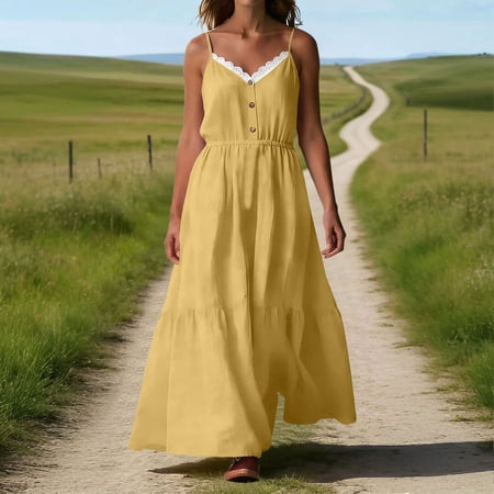 Spring Dresses for Women And Summer Womens Dresses Adjustable Camisole Plus Size Dresses And Long Dresses for Women Yellow-L