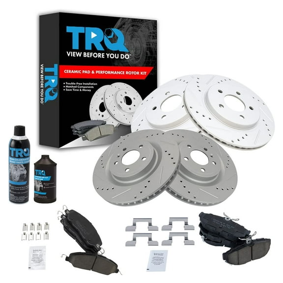 TRQ Front Rear Ceramic Brake Pad & Performance Coated Rotor Kit w/Chemicals BKA15699 Fits select: 2011-2014 FORD MUSTANG GT