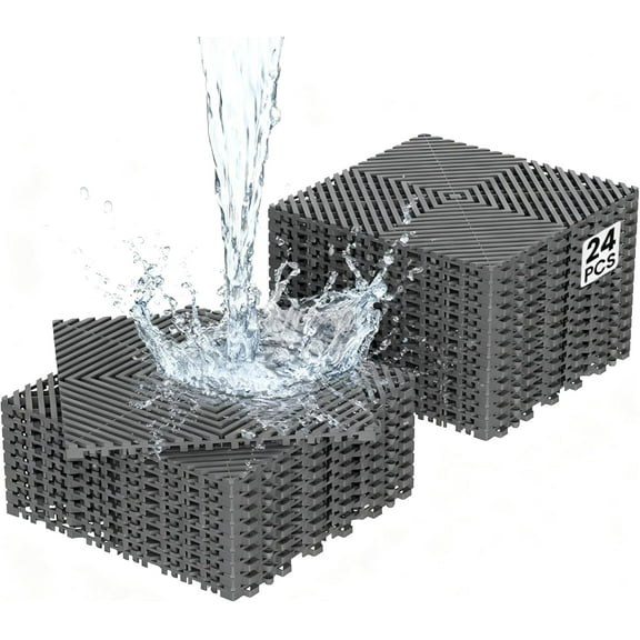 SLSY 24 PCS Garage Floor Tiles, 12" x 12" x 0.6" Non-Slip Heavy-Duty PP Interlocking Drainage Mat, Modular Splicing Flooring Tile for Garage, Garden, Patio Indoor & Outdoor, Gray