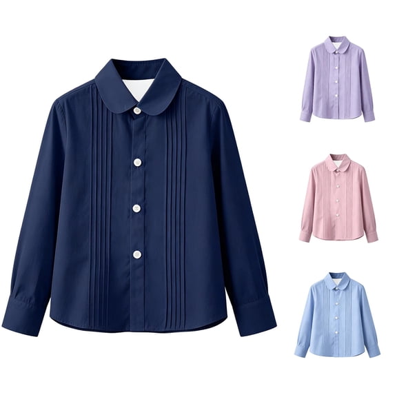 Krdevn Girls Collared Long Sleeve Blouse, Solid Front Pleated Button Down Casual Blouse for Kids,Navy