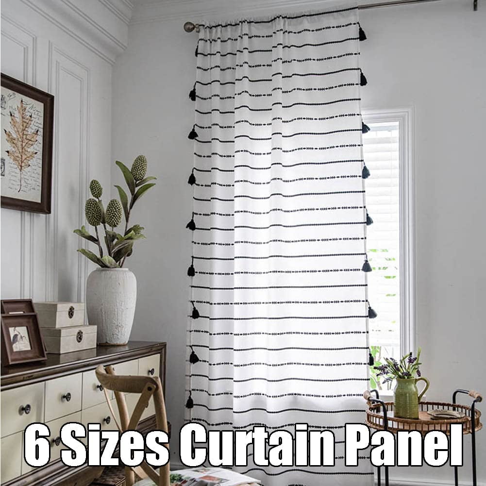 CHUNTIAN Rod Pocket Semi Blackout White Boho Decor Window Curtain with Tassels, Black Striped Geometric Pattern Bohemian Room Drape, Country Chic Cotton Linen Curtain for Bedroom, 52" x 63", 1 Panel