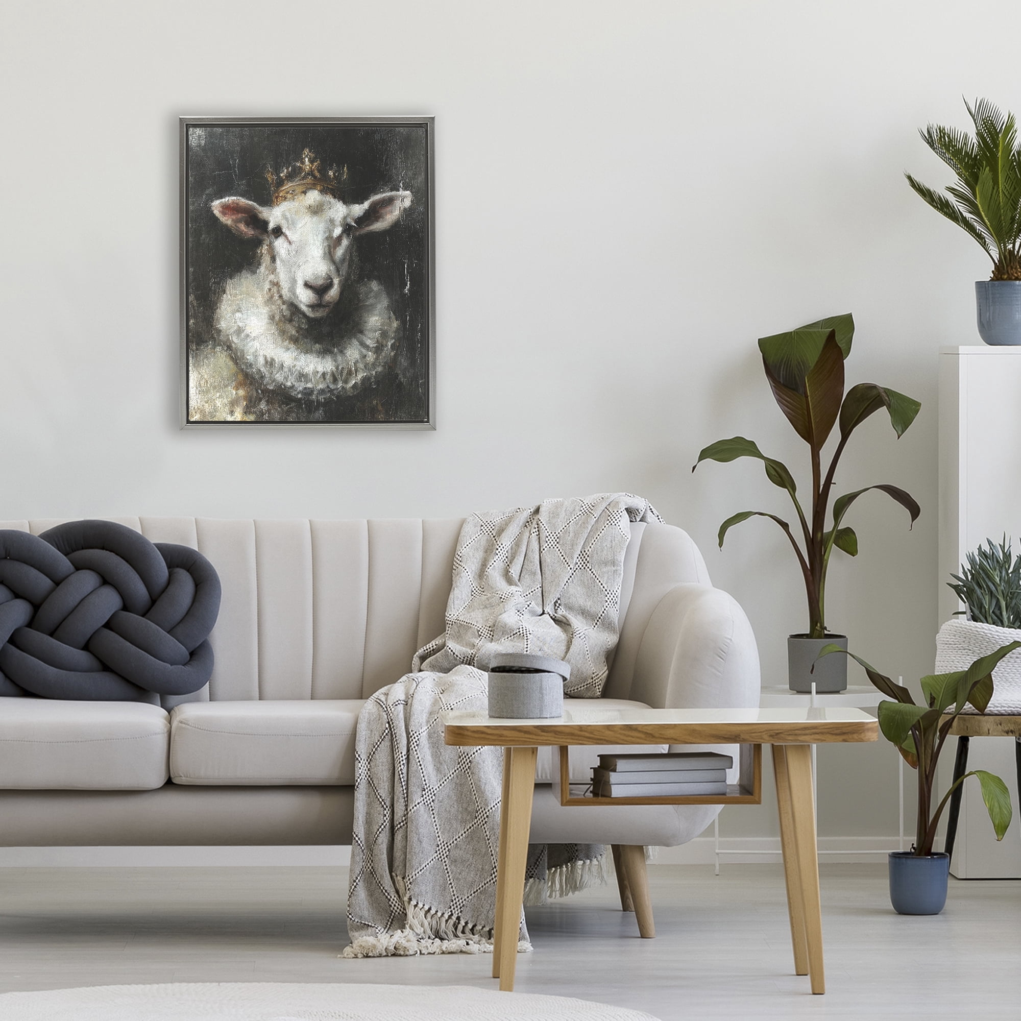 Stupell Industries Crowned Sheep Portrait Gray Framed Floater Canvas Wall Art, design by Svetlana Aleynikova