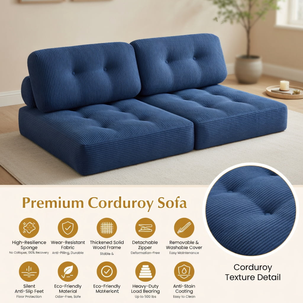 Hommoo Convertible Corduroy Folding Sofa Bed, 3-in-1 Living Room Sleeper with Back Support & Pillow, Navy Blue