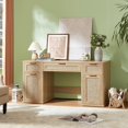 thumbnail image 4 of Joaxswe 56" Computer Desk, Boho Rattan Study Table with 3 Drawers & 2 Storage Cabinets, Rustic Farmhouse Work Desk for Office, Bedroom, Natural, 4 of 10