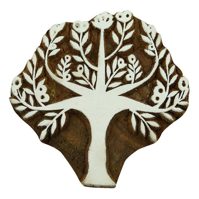 Bloc d'Impression en Bois Sculpté à la Main Motif Arbre Textile