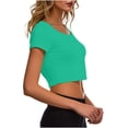 thumbnail image 4 of VSSSJ Crop Tops pour Femmes Manches Courtes Col Rond Extensible Chemise Décontractée Ajustée Solide Confortable Été Basique T-Shirts Courts Vert Armée Taille Unique, 4 of 5