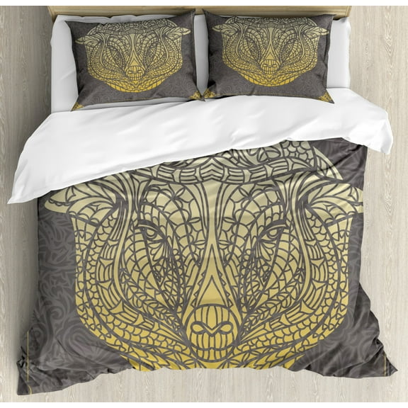 Sheep Duvet Cover Set King Size, Geometric Floral Ornamental Sheep Head Pattern in Gradient Colors, Decorative 3 Piece Bedding Set with 2 Pillow Shams, Earth Yellow Eggshell Grey, by Ambesonne
