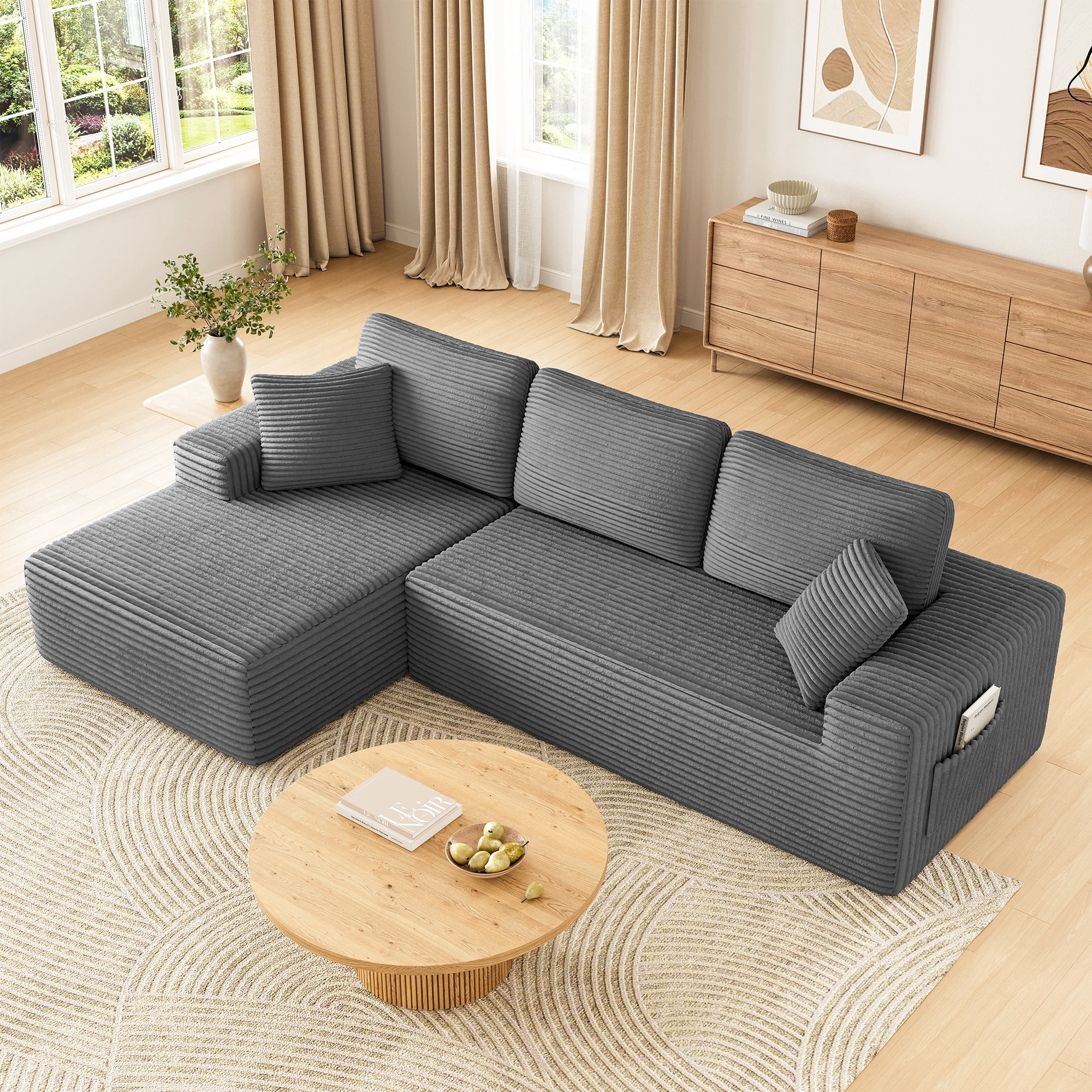 108" Boneless Sofa for Living Room, Neche Modern L-Shaped Corduroy Sectional, Modular Cloud Couch with Deep Seating Upholstered Sofa, Oversized,No Assembly, Gray