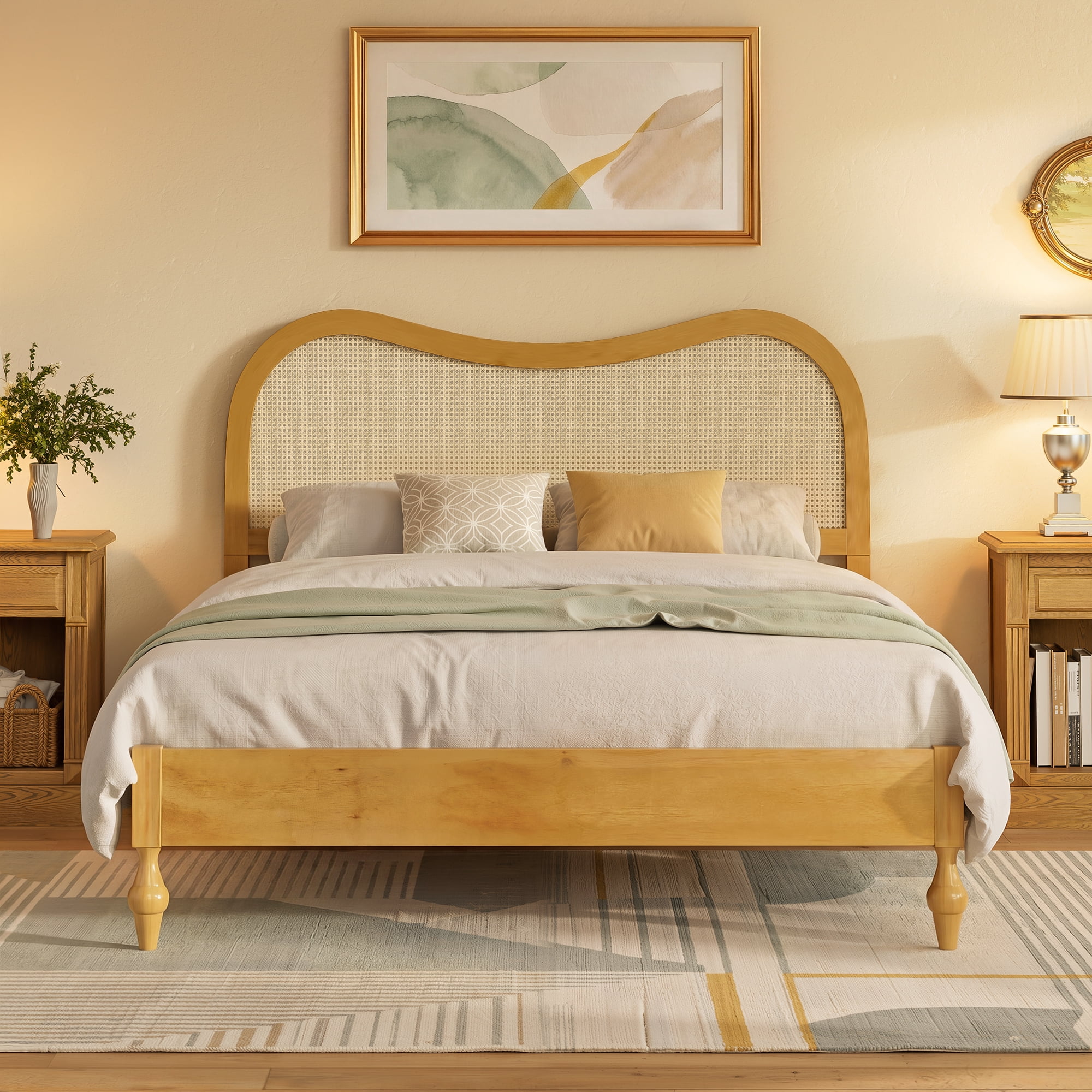 Euroco Queen Size Mid-Century Wood Platform Bed with Curved Rattan Cane Headboard, Scandinavian Natural Style Bed, No Box Spring Needed, Natural