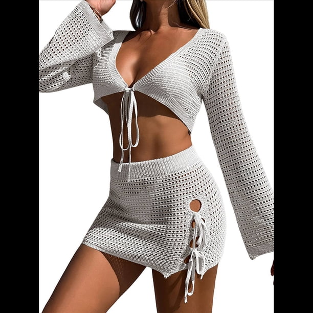 Traje de Baño de Crochet para Mujer, 2 Piezas, Larga, Top Corto con Lazo Frontal, Minifalda S