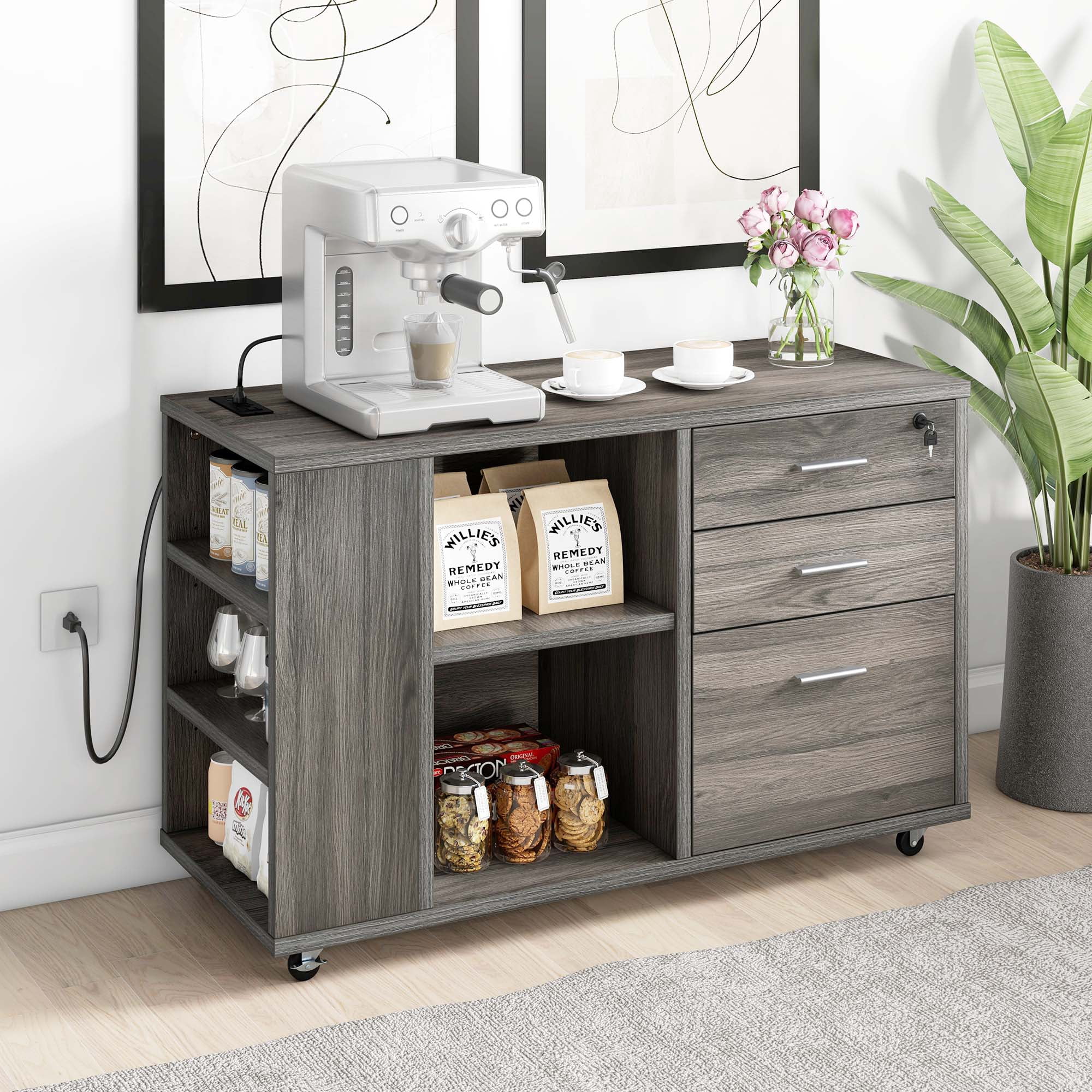 Dextrus Mobile Wood Lateral File Cabinet W/ Charging Station and Lock Printer Stand
