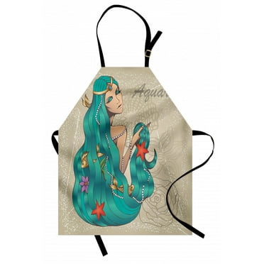 Zodiac Aquarius Apron Lady with Pearls Flowers Starfish Sexy Fantasy Character Graphic Design, Unisex Kitchen Bib Apron with Adjustable Neck for Cooking Baking Gardening, Multicolor, by Ambesonne