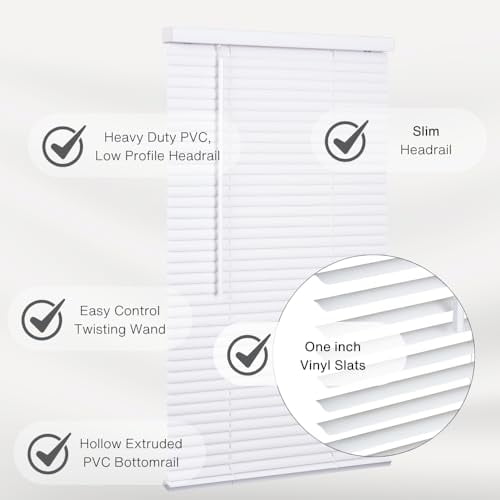 1-Inch Vinyl Cordless Mini Blind for Windows and Doors, 18x36 Inches, Light Filtering White Window Treatment for Home and Office Interior
