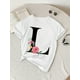 thumbnail image 1 of Camiseta de manga corta con estampado de letras L de moda de verano para niñas, cuello redondo informal, top de punto de poliéster con ligero estiramiento, aplique floral, corte ajustado, f, 1 of 3