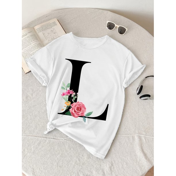 Camiseta de manga corta con estampado de letras L de moda de verano para niñas, cuello redondo informal, top de punto de poliéster con ligero estiramiento, aplique floral, corte ajustado, f