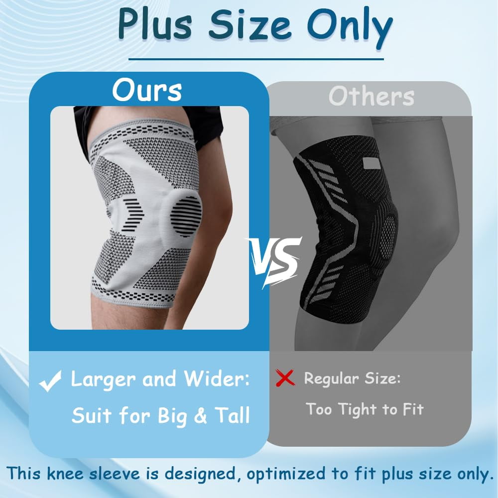 Plus Size Knee Sleeve 3XL/4XL, Knee Brace for Women Plus Size with Patella Gel Pad & Side Stabilizers, Compression Sleeve for Pain Relief, Arthritis, Workout, Sports. Gray