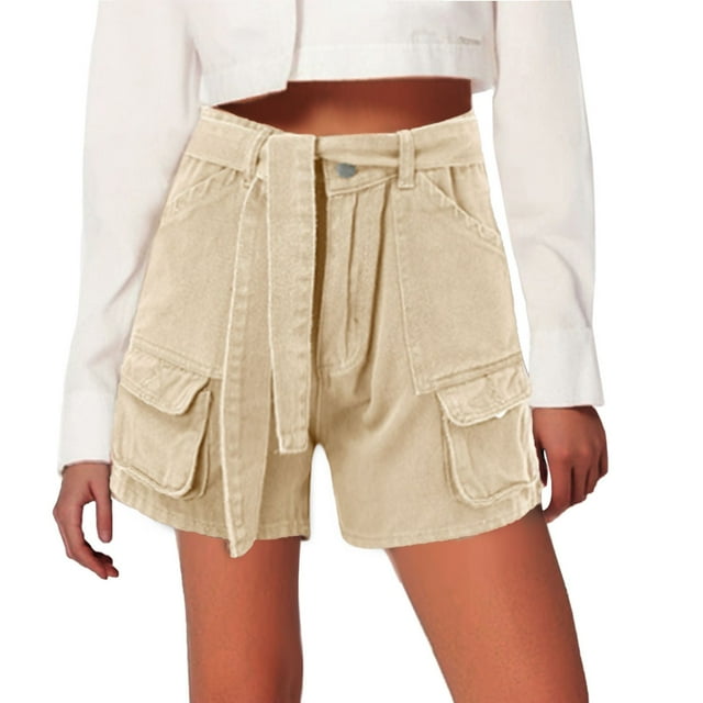 Pantalones cortos casuales de verano para mujer: con cinturón, 4 bolsillos, ajuste holgado, pantalones cortos ligeros de mezcla de algodón para el uso diario.